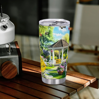 Bright Summer Garden White Gazebo Butterfly Floral Tumbler