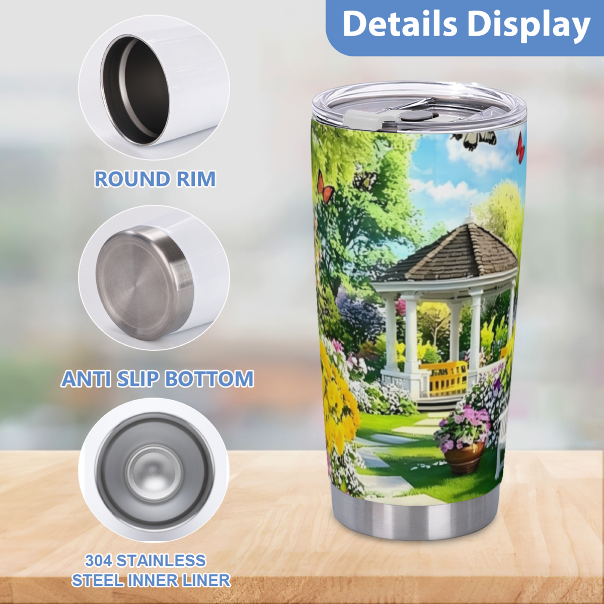 Bright Summer Garden White Gazebo Butterfly Floral Tumbler