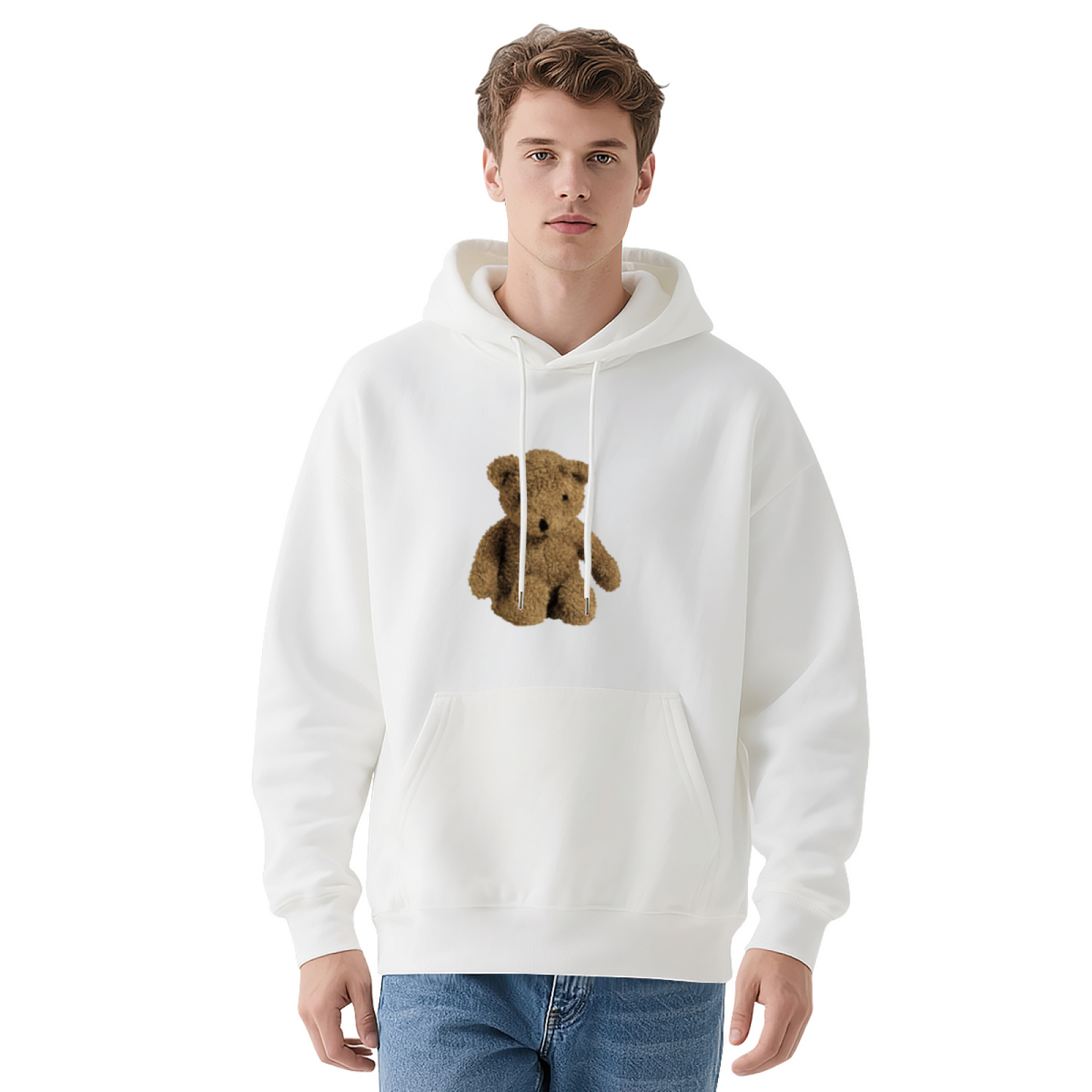 Cute Fluffy Teddy Bear White Hoodie, Unisex Soft Sweet Casual Top