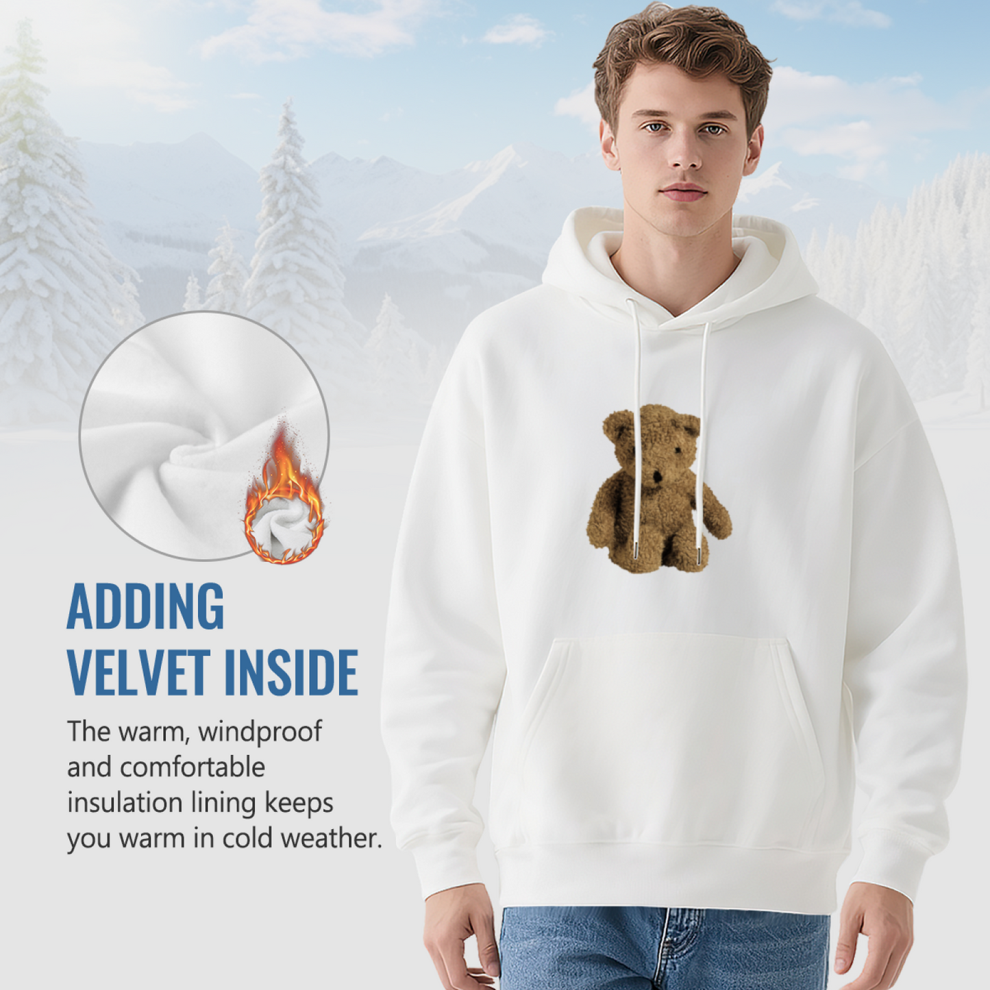 Cute Fluffy Teddy Bear White Hoodie, Unisex Soft Sweet Casual Top