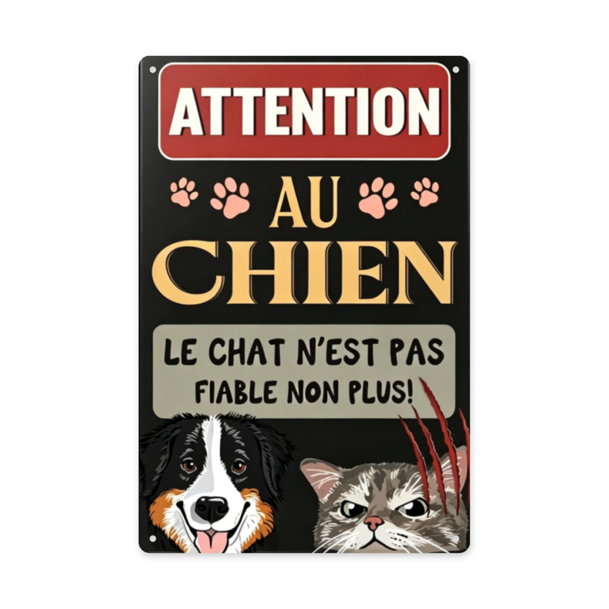 Funny French Beware Dog & Cat Pet Warning Metal Plaque