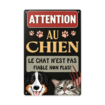 Funny French Beware Dog & Cat Pet Warning Metal Plaque