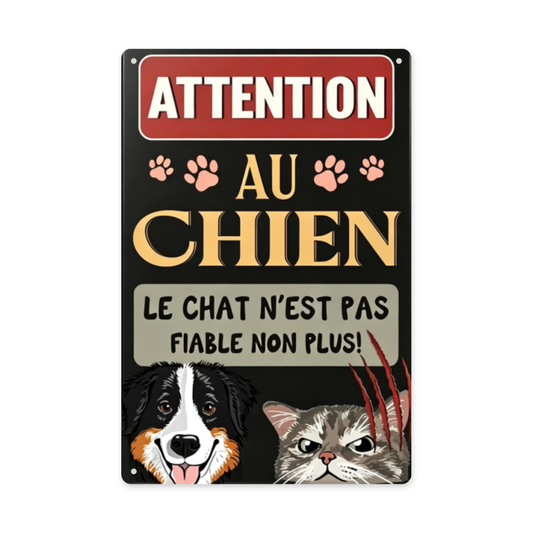 Funny French Beware Dog & Cat Pet Warning Metal Plaque