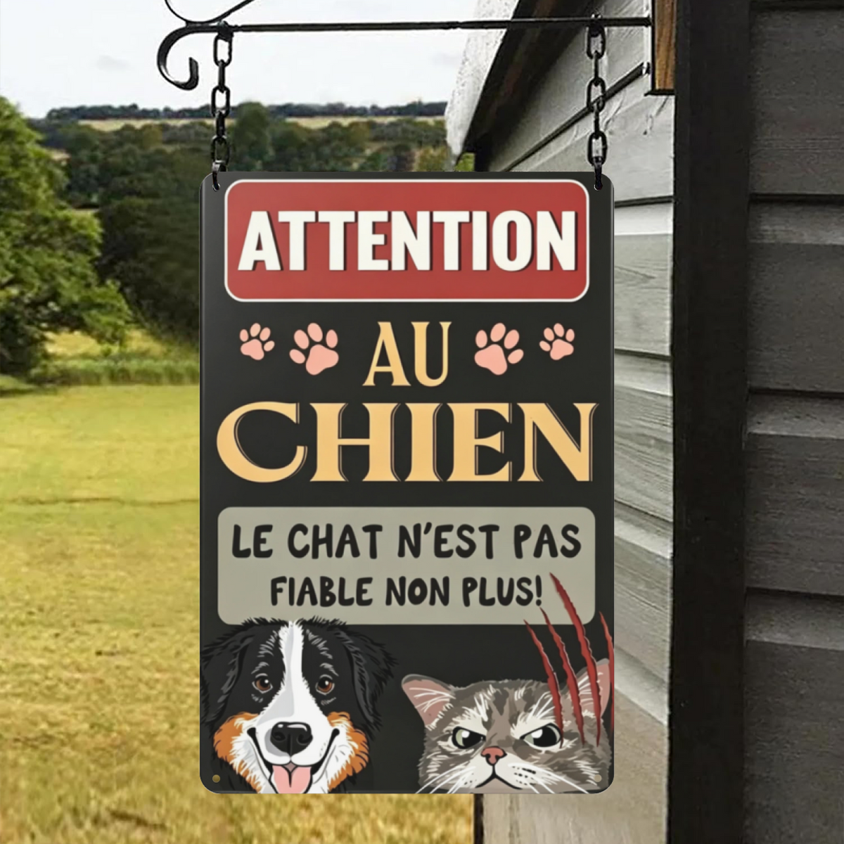 Funny French Beware Dog & Cat Pet Warning Metal Plaque
