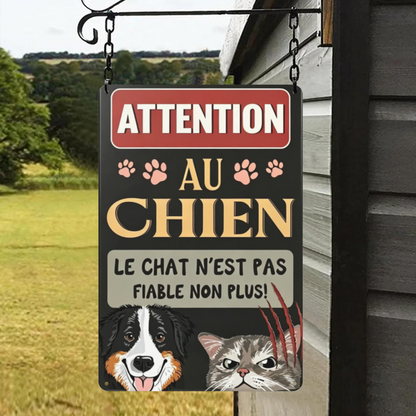 Funny French Beware Dog & Cat Pet Warning Metal Plaque