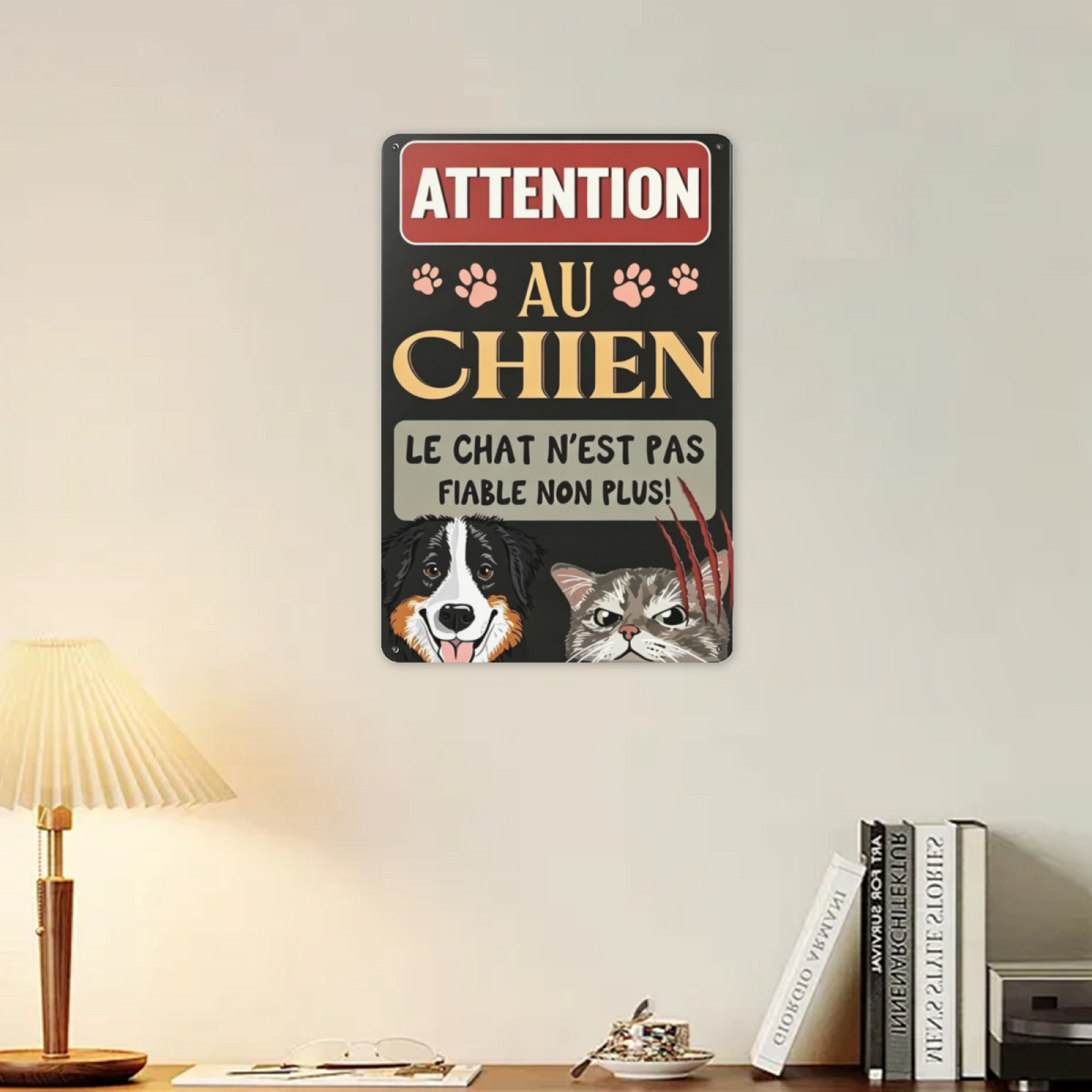 Funny French Beware Dog & Cat Pet Warning Metal Plaque