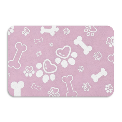 Sweet Pink Paw & Bone Print Pet Bath Mat | Soft Silicone Diatomaceous Earth Doormat