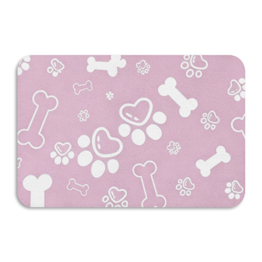 Sweet Pink Paw & Bone Print Pet Bath Mat | Soft Silicone Diatomaceous Earth Doormat