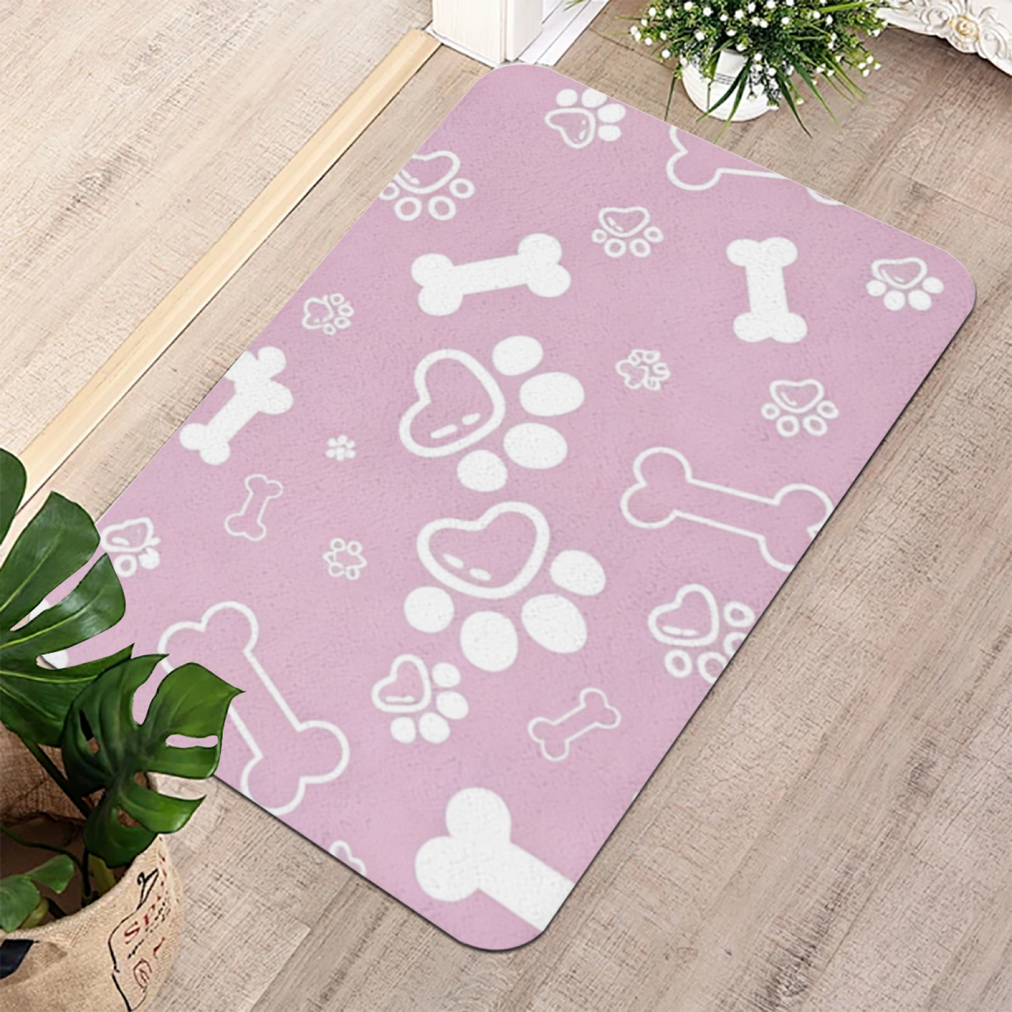 Sweet Pink Paw & Bone Print Pet Bath Mat | Soft Silicone Diatomaceous Earth Doormat