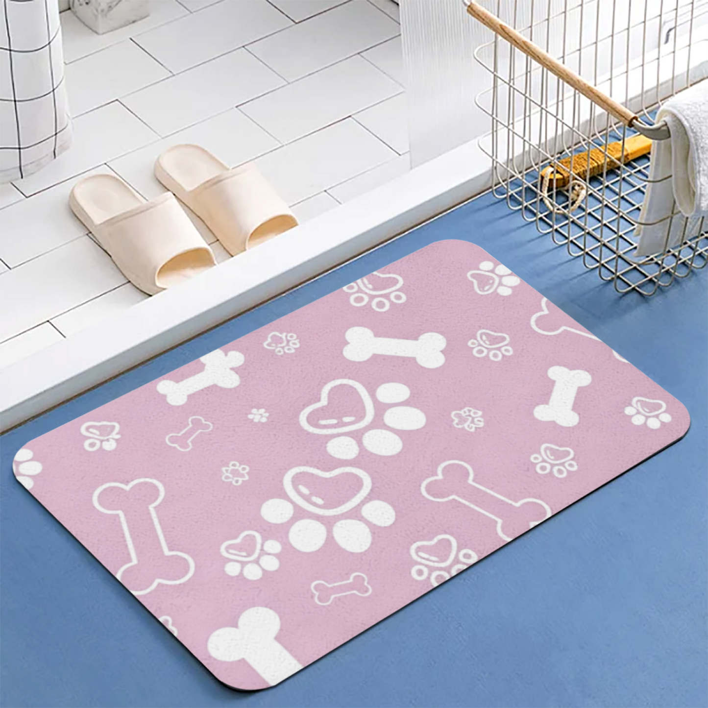 Sweet Pink Paw & Bone Print Pet Bath Mat | Soft Silicone Diatomaceous Earth Doormat