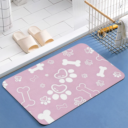 Sweet Pink Paw & Bone Print Pet Bath Mat | Soft Silicone Diatomaceous Earth Doormat
