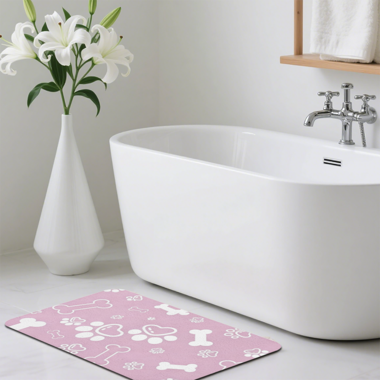 Sweet Pink Paw & Bone Print Pet Bath Mat | Soft Silicone Diatomaceous Earth Doormat