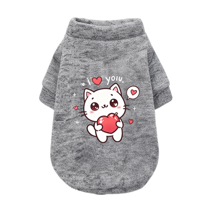 Cute White Kitten I Love You Heart Pattern Black Pet Sweater