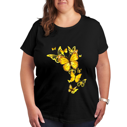 Warm Sunny Yellow Gradient Butterflies Flowy Art Print Plus Size Women Printed T-Shirt