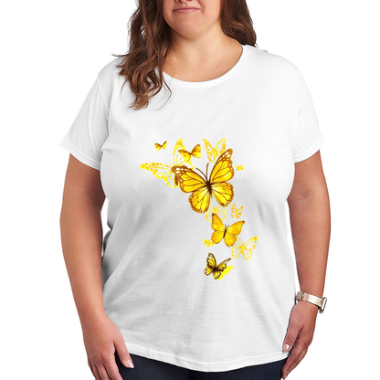 Warm Sunny Yellow Gradient Butterflies Flowy Art Print Plus Size Women Printed T-Shirt