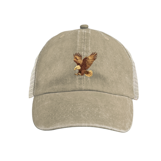 Flying Bald Eagle Khaki Washed Mesh Trucker Cap, Outdoor Wildlife Vintage Breathable Hat