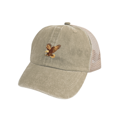 Flying Bald Eagle Khaki Washed Mesh Trucker Cap, Outdoor Wildlife Vintage Breathable Hat
