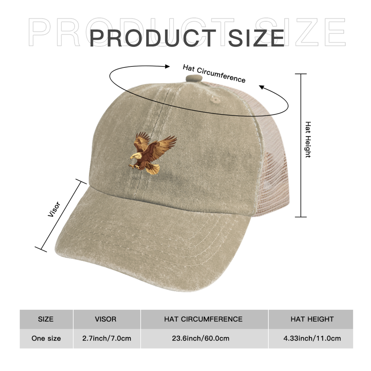Flying Bald Eagle Khaki Washed Mesh Trucker Cap, Outdoor Wildlife Vintage Breathable Hat