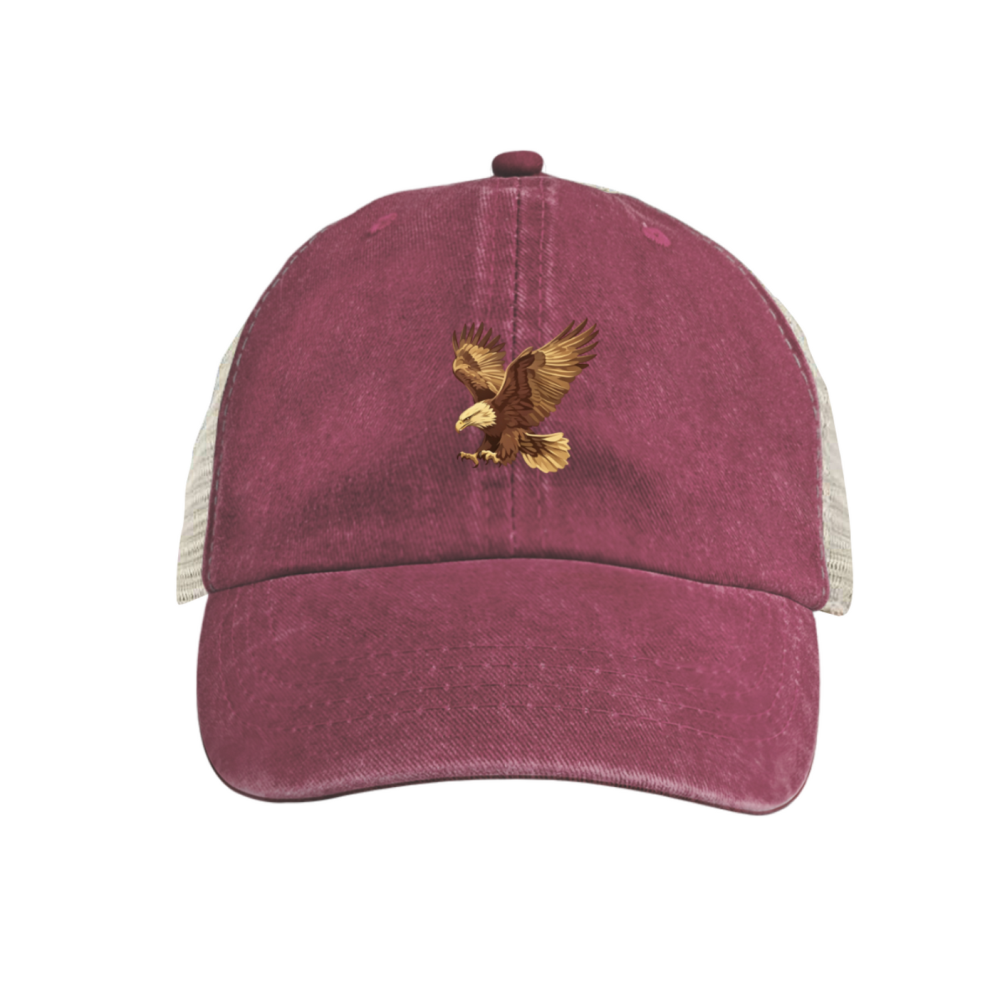 Flying Bald Eagle Khaki Washed Mesh Trucker Cap, Outdoor Wildlife Vintage Breathable Hat