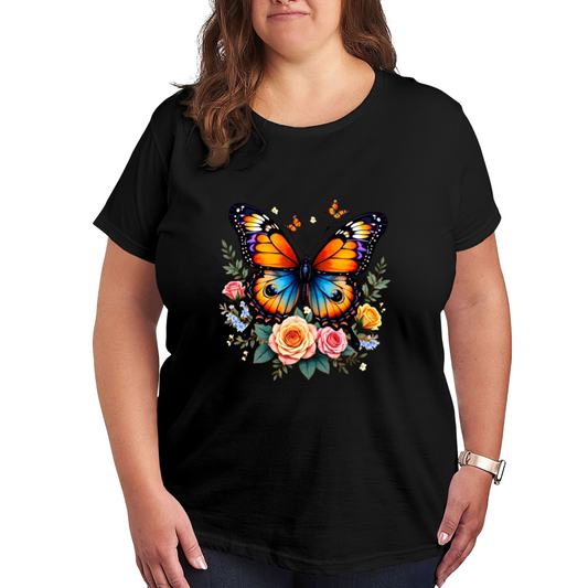 Monarch Butterfly Pastel Roses Black Plus Size Ladies Tee