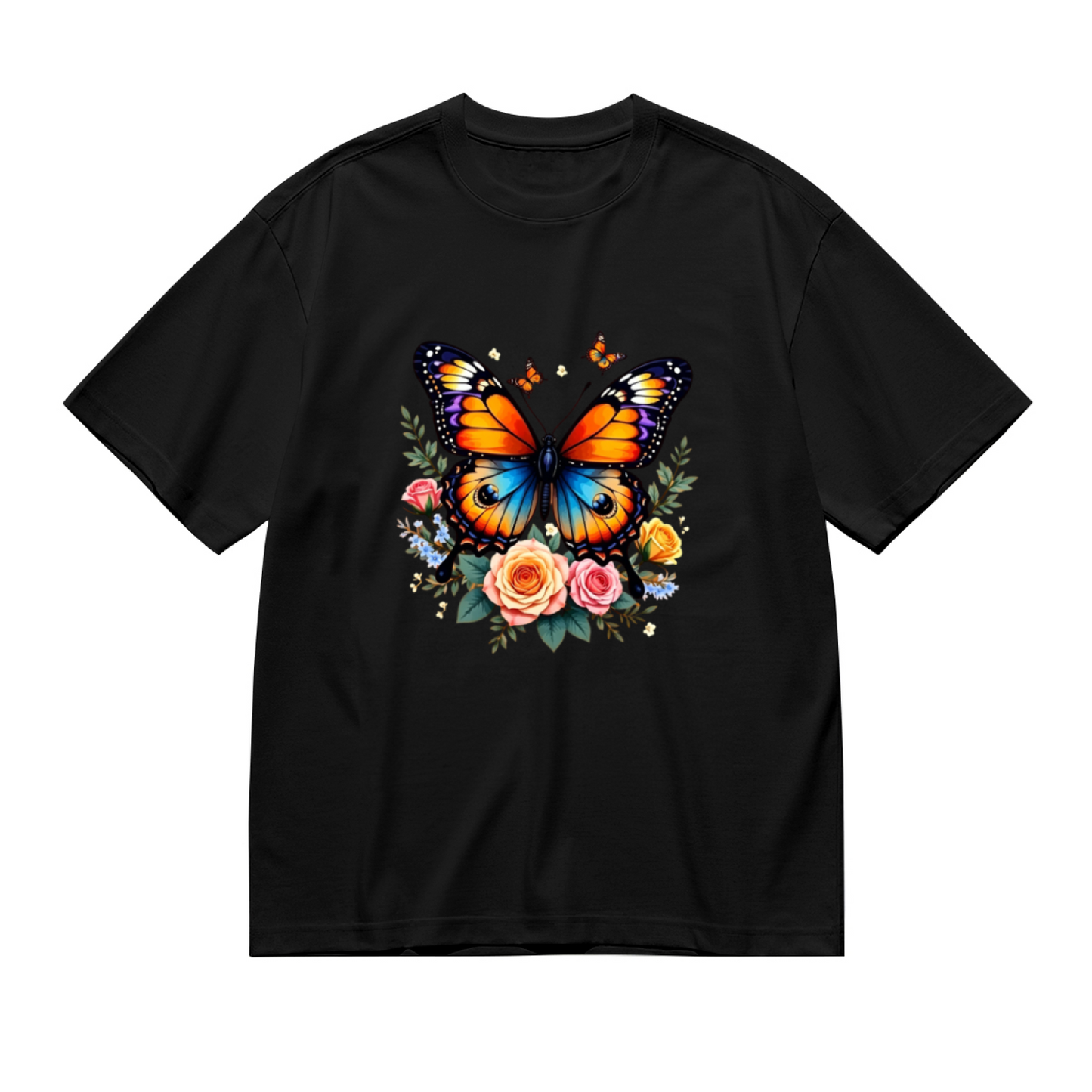 Monarch Butterfly Pastel Roses Black Plus Size Ladies Tee