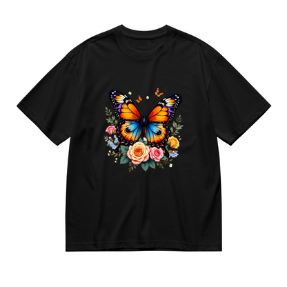 Monarch Butterfly Pastel Roses Black Plus Size Ladies Tee