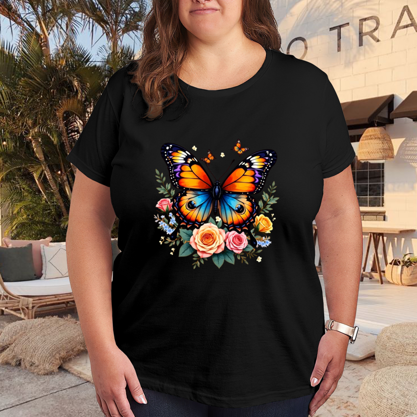 Monarch Butterfly Pastel Roses Black Plus Size Ladies Tee