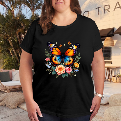 Monarch Butterfly Pastel Roses Black Plus Size Ladies Tee