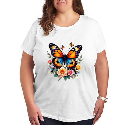 Monarch Butterfly Pastel Roses Black Plus Size Ladies Tee