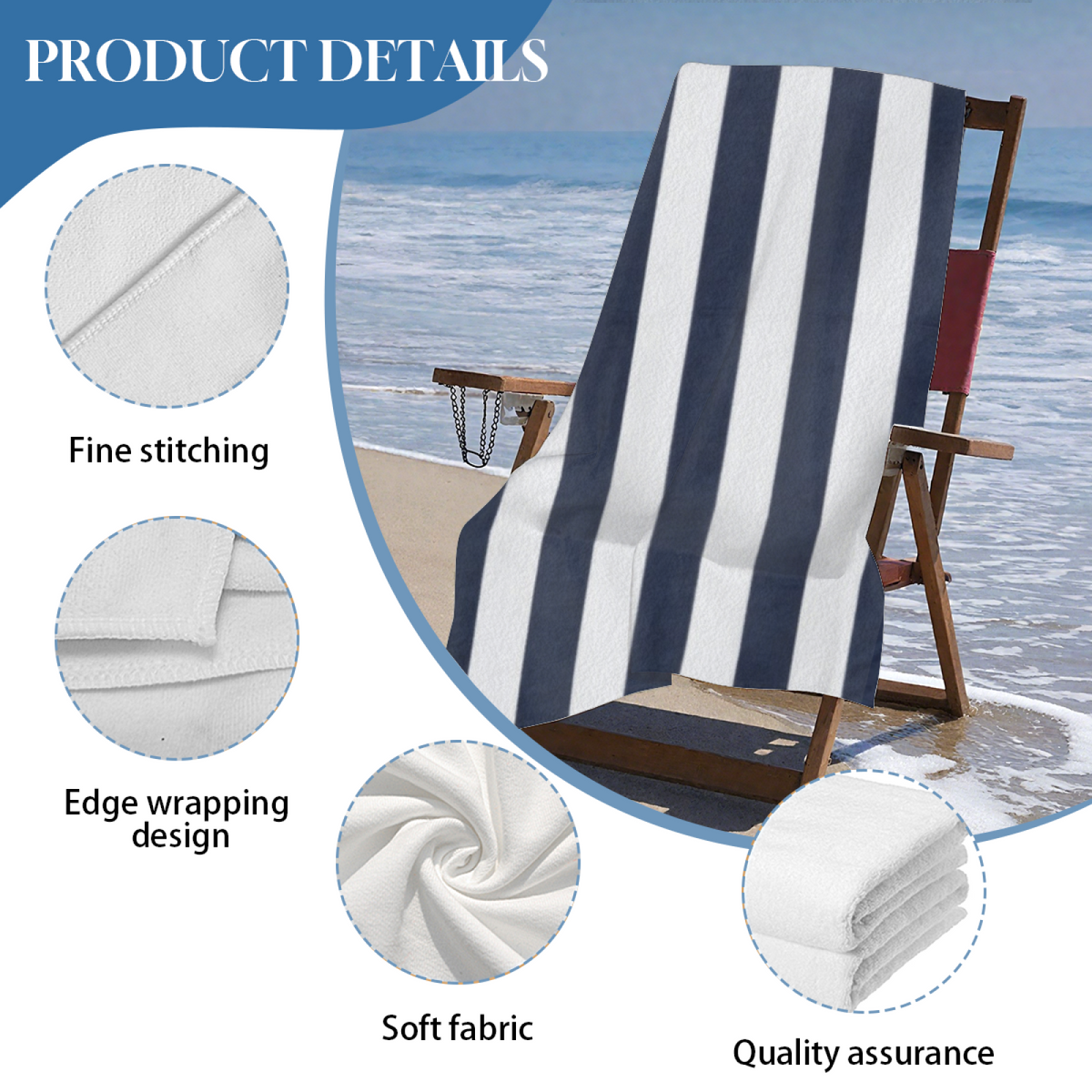 Classic Navy White Striped Retro Beach Towel, Fluffy Soft, Durable and Super Absorbent for Beach & Swimming