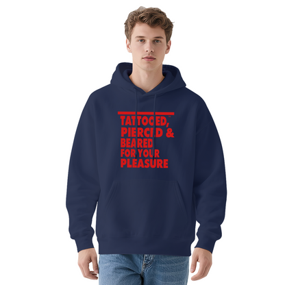 Edgy Tattooed Pierced & Beared Bold Text Navy Hoodie, Unisex Cozy Street Hoodie