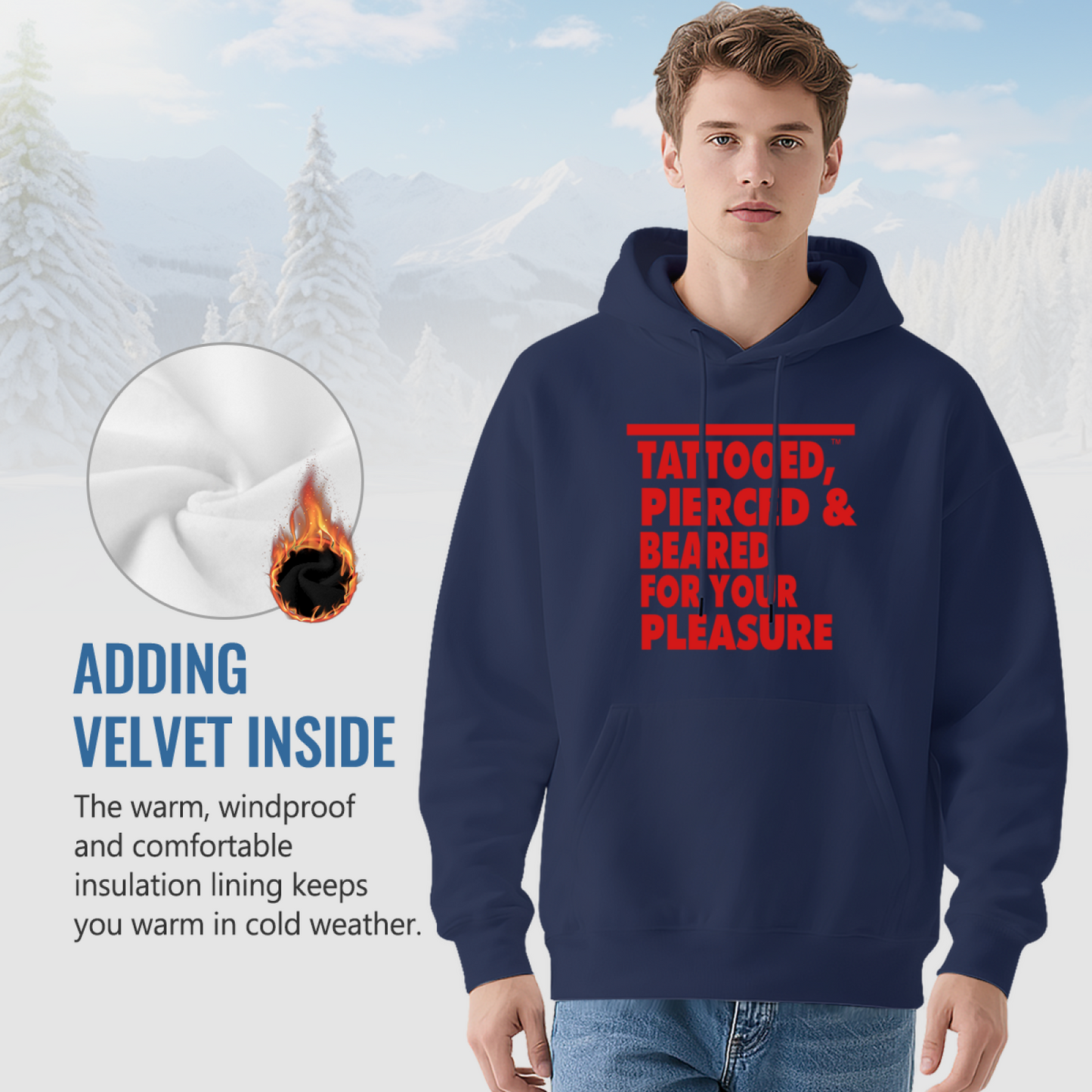 Edgy Tattooed Pierced & Beared Bold Text Navy Hoodie, Unisex Cozy Street Hoodie
