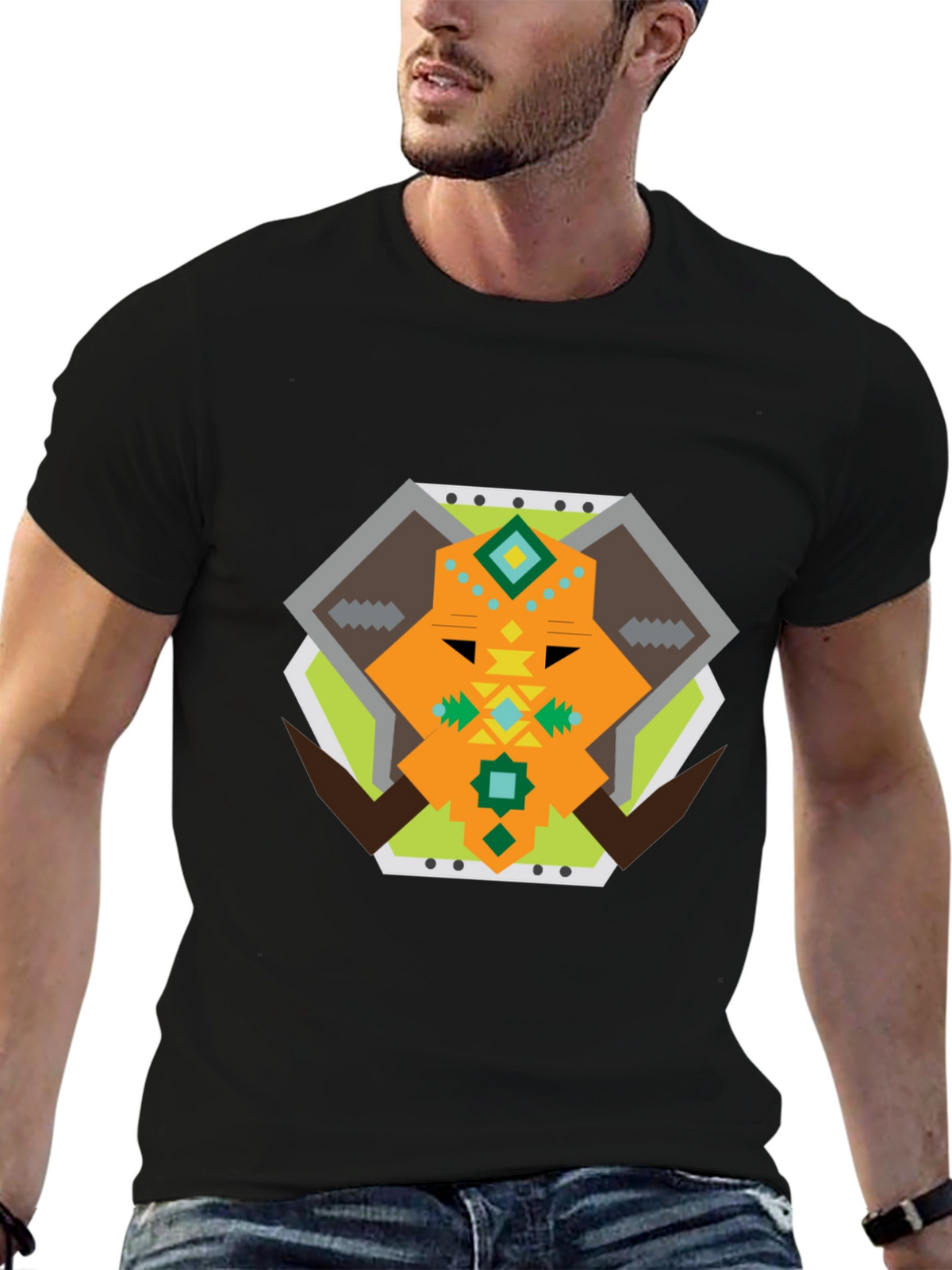Geometric Bull Graphic Tee - Black Cotton T-Shirt
