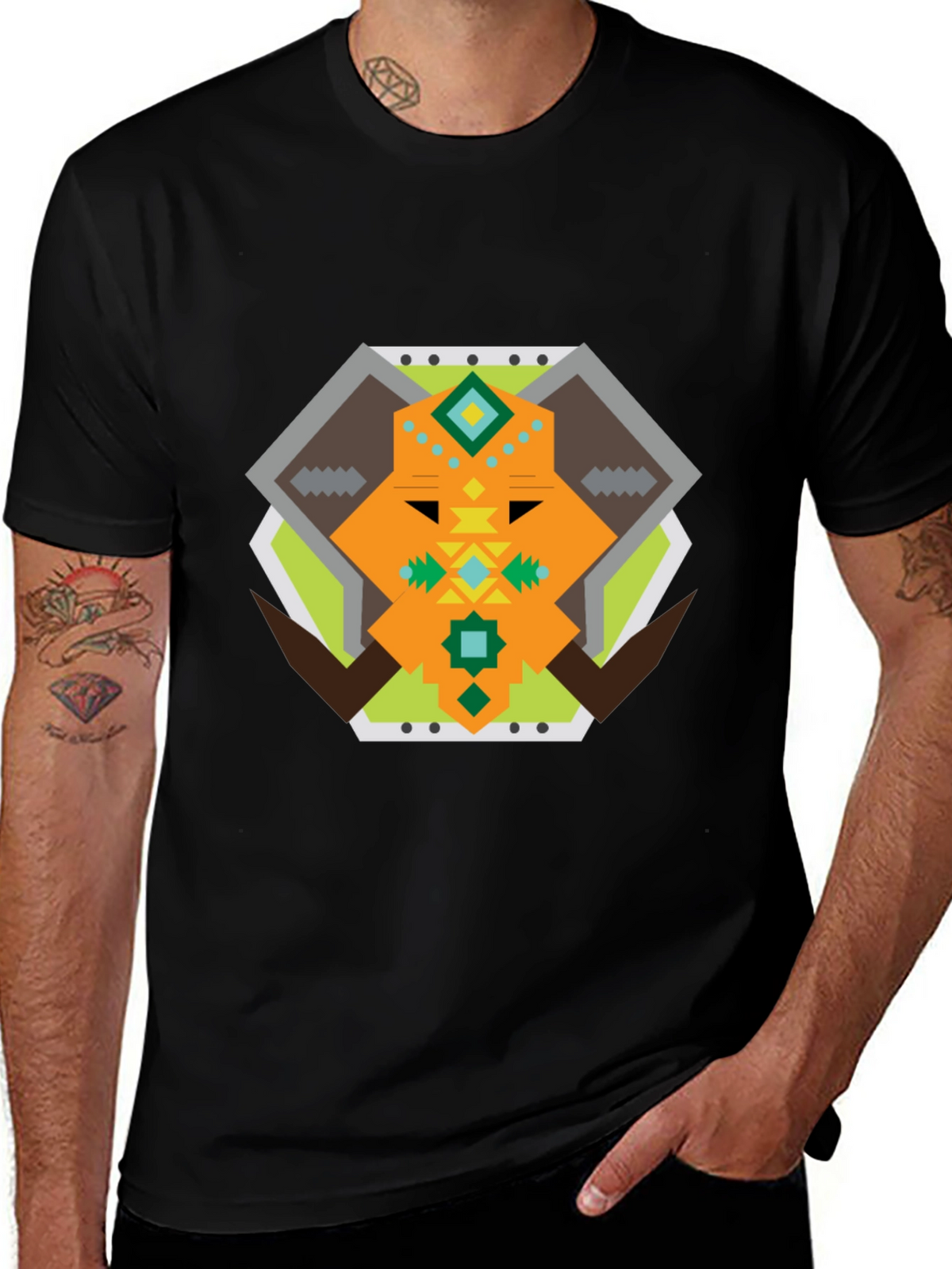Geometric Bull Graphic Tee - Black Cotton T-Shirt