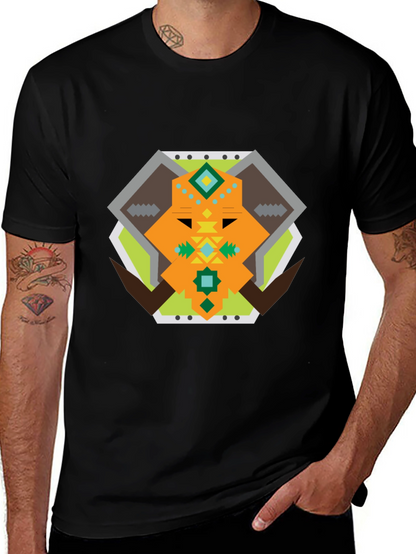 Geometric Bull Graphic Tee - Black Cotton T-Shirt