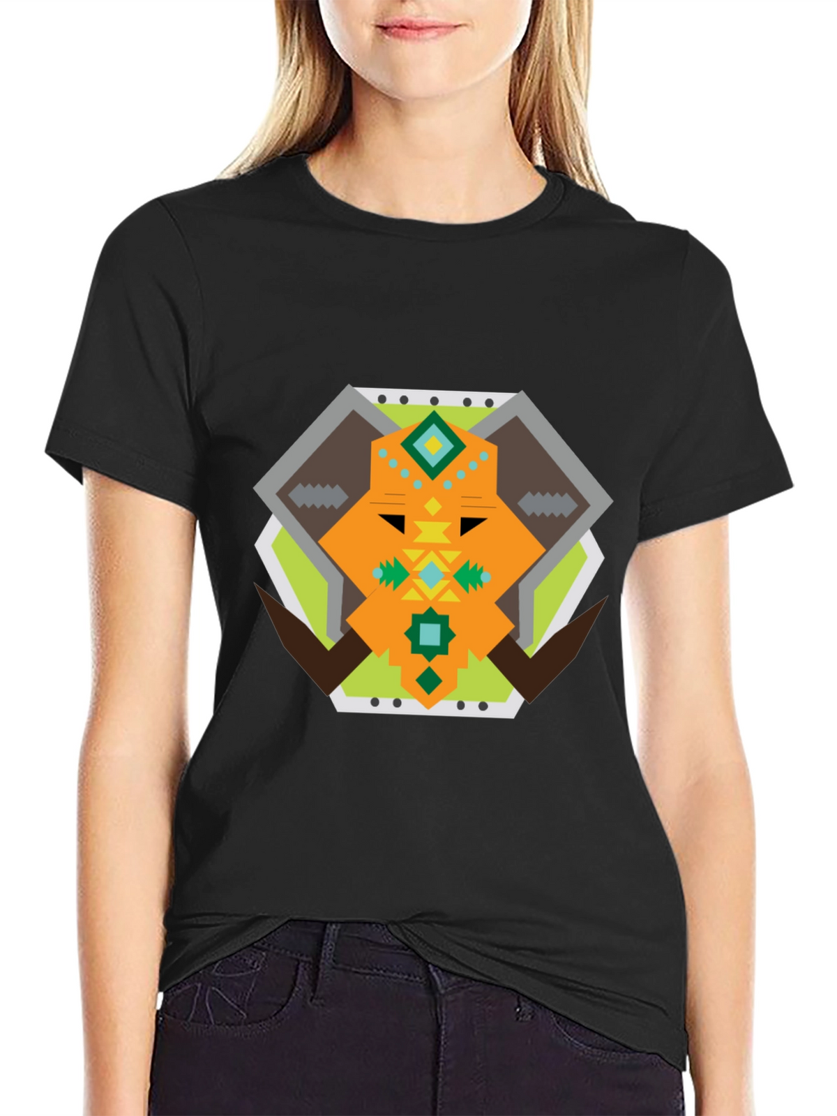 Geometric Bull Graphic Tee - Black Cotton T-Shirt