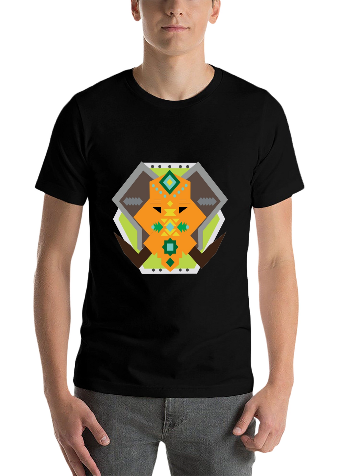 Geometric Bull Graphic Tee - Black Cotton T-Shirt