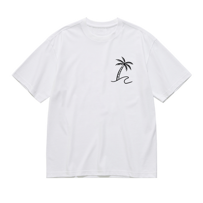 Minimalist Palm Tree Ocean Line Chest Print Plus Size Women Graphic Tee