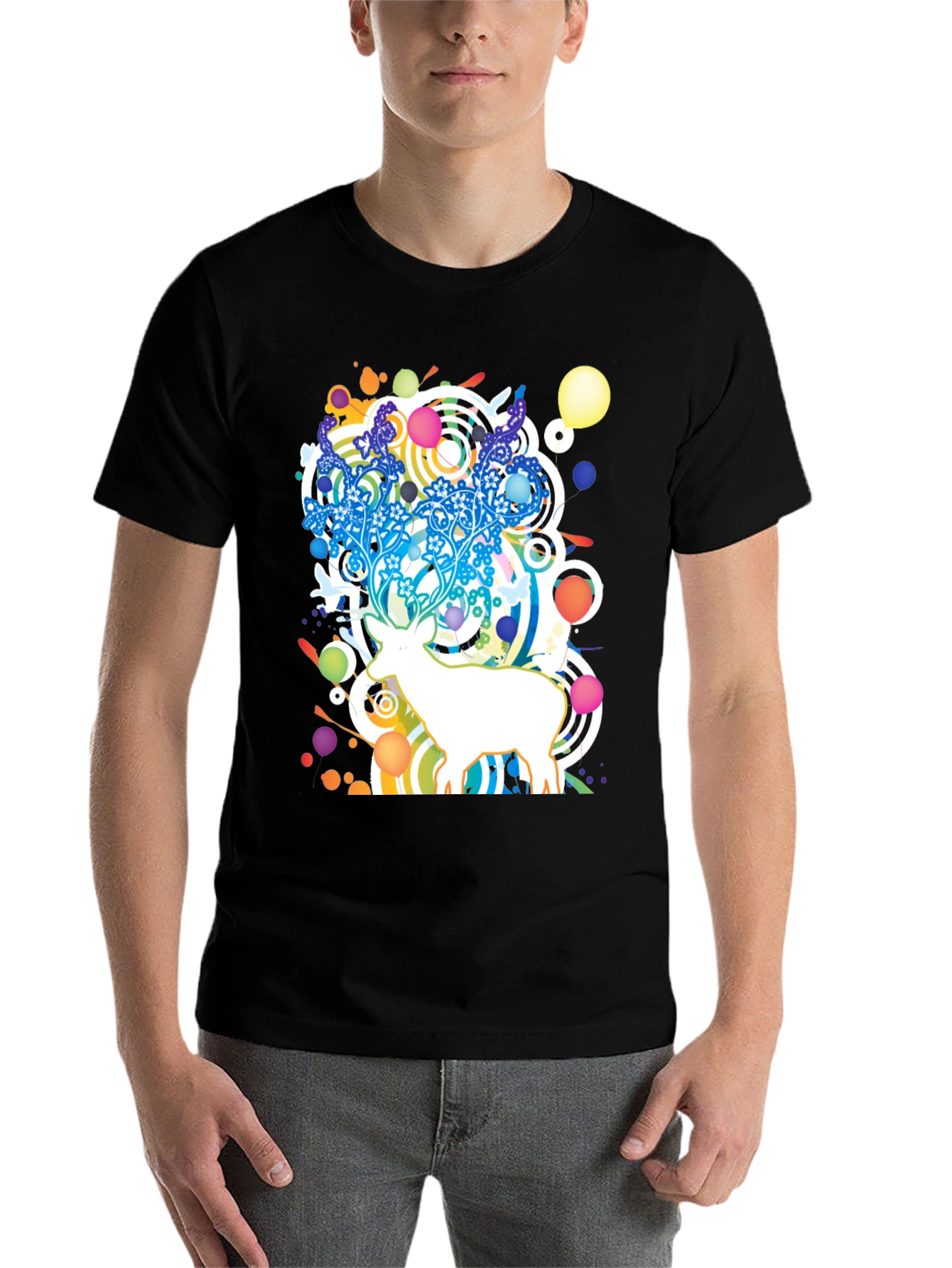 Abstract Deer Graphic Black T-Shirt