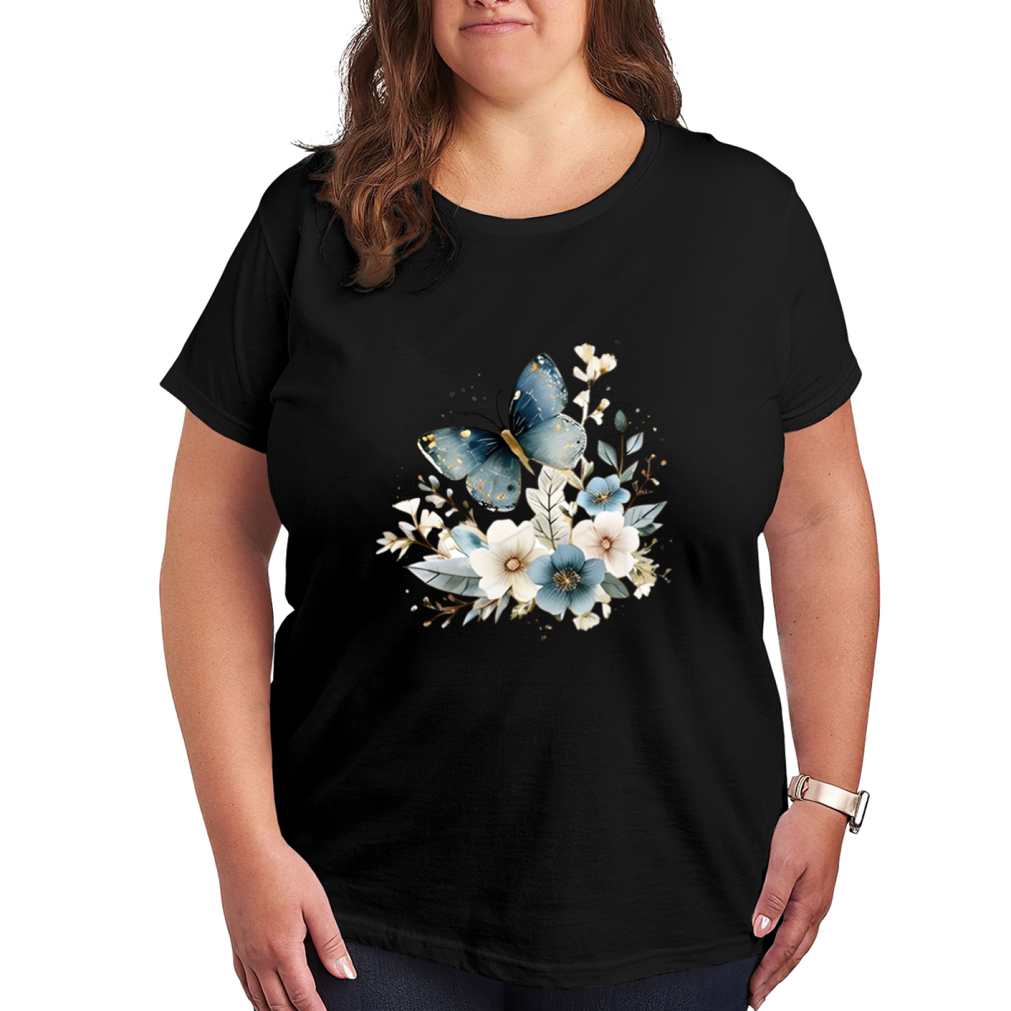 Elegant Blue Butterfly & Neutral Wildflower Vintage Print Plus Size Women¡¯s T-Shirt