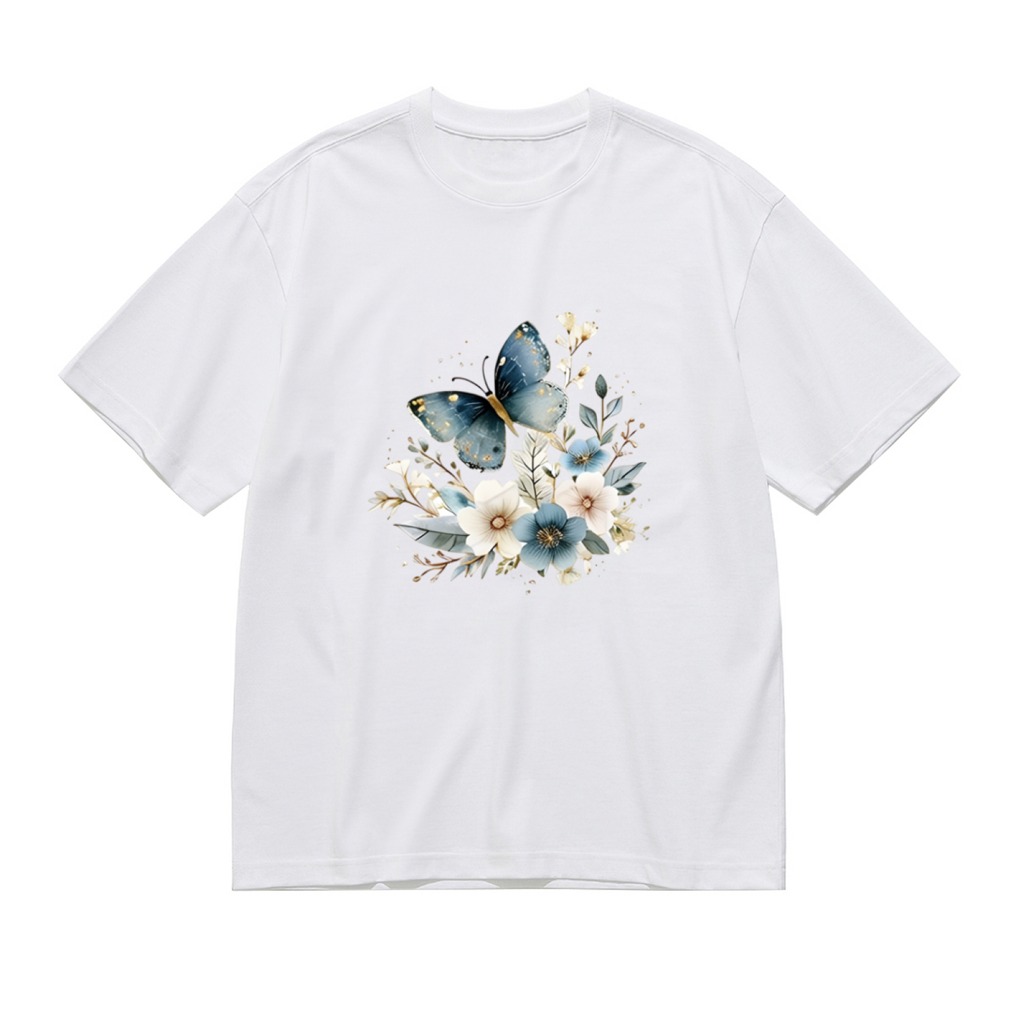 Elegant Blue Butterfly & Neutral Wildflower Vintage Print Plus Size Women¡¯s T-Shirt