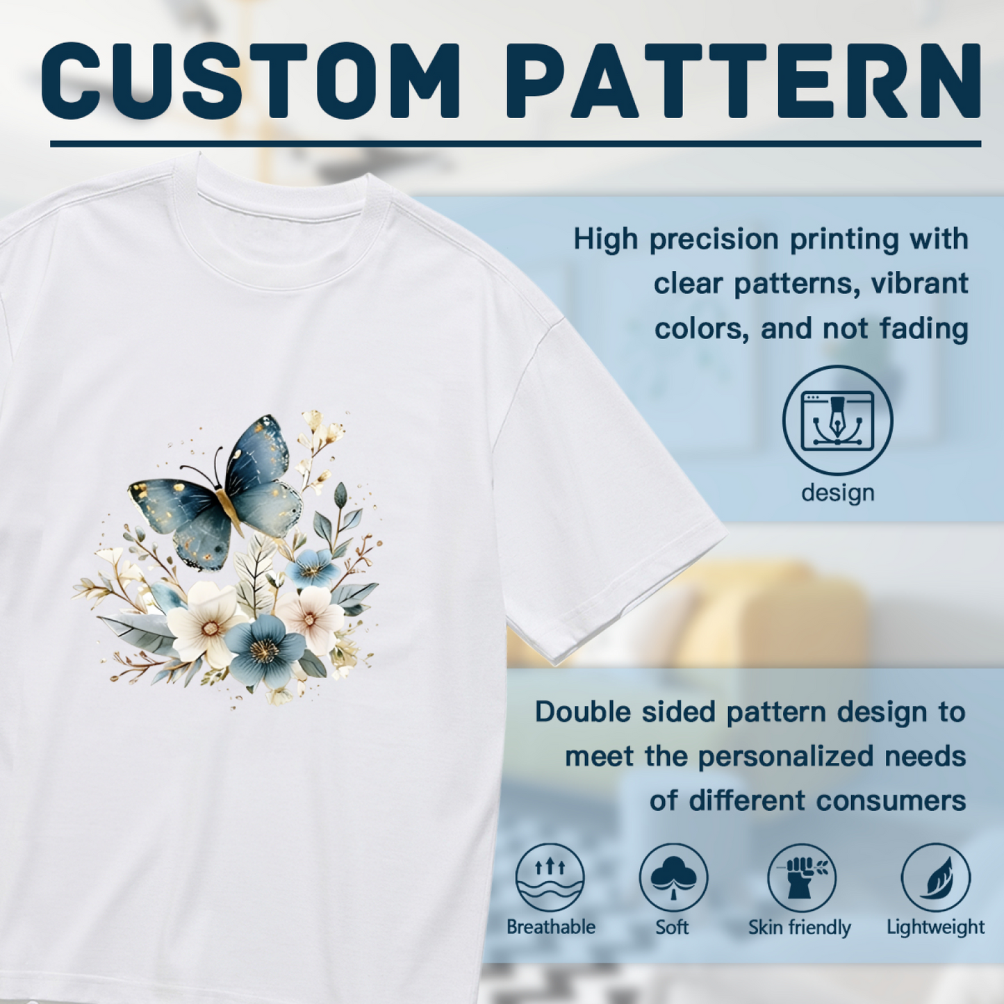 Elegant Blue Butterfly & Neutral Wildflower Vintage Print Plus Size Women¡¯s T-Shirt