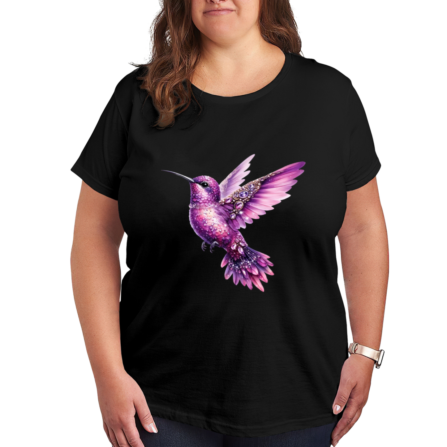 Sparkling Crystal Purple Hummingbird Glam Plus Size Women¡¯s Printed T-Shirt