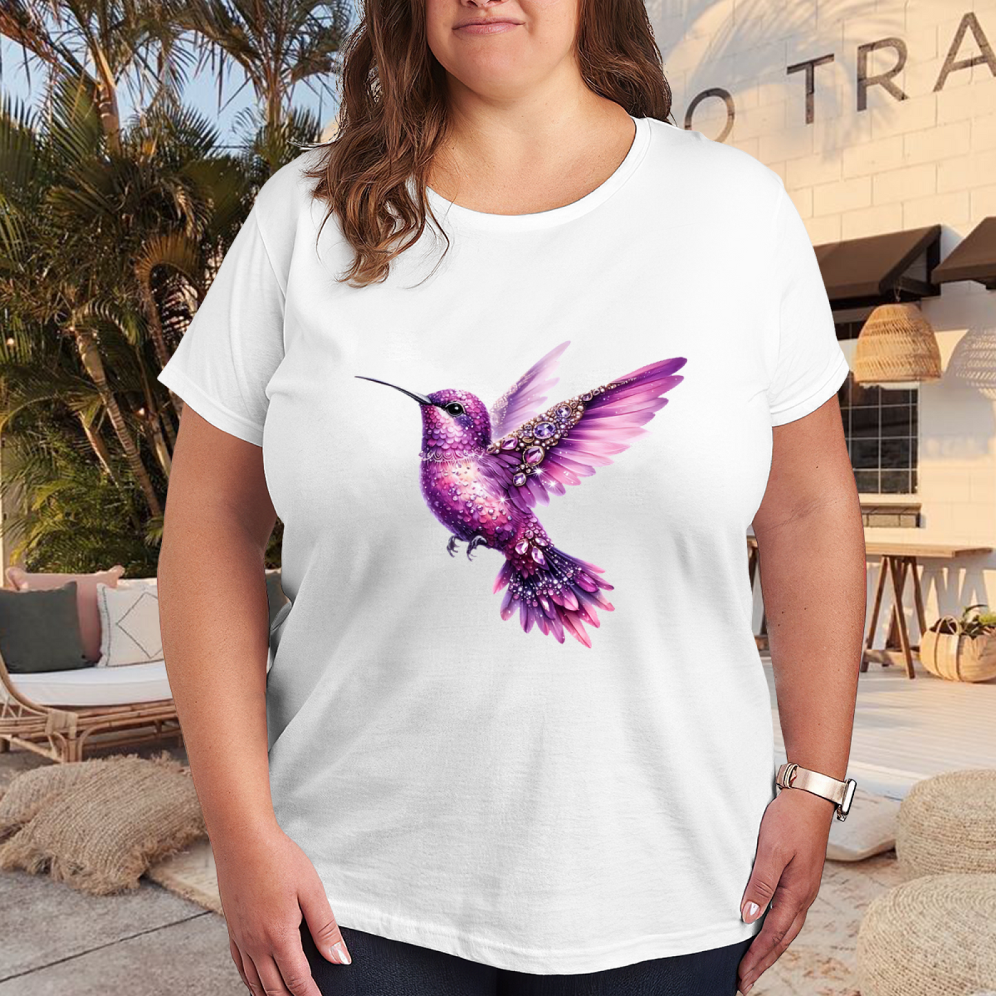 Sparkling Crystal Purple Hummingbird Glam Plus Size Women¡¯s Printed T-Shirt