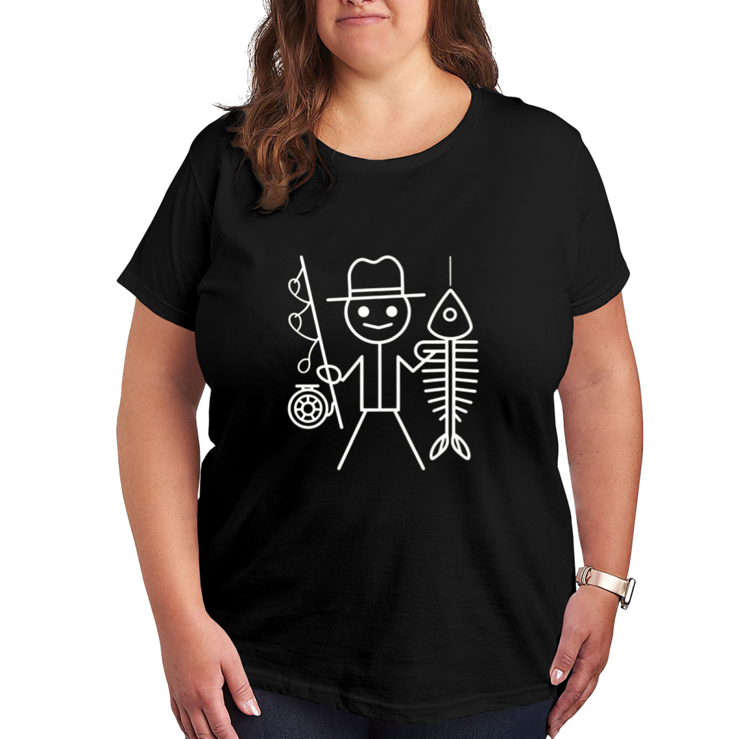 Funny Stick Figure Fisherman Fish Bone Hobby Lover Plus Size Women Printed T-Shirt