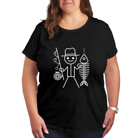 Funny Stick Figure Fisherman Fish Bone Hobby Lover Plus Size Women Printed T-Shirt