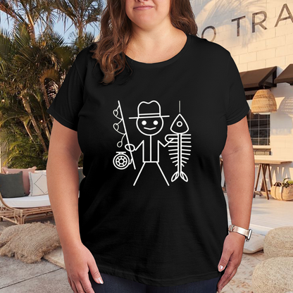 Funny Stick Figure Fisherman Fish Bone Hobby Lover Plus Size Women Printed T-Shirt