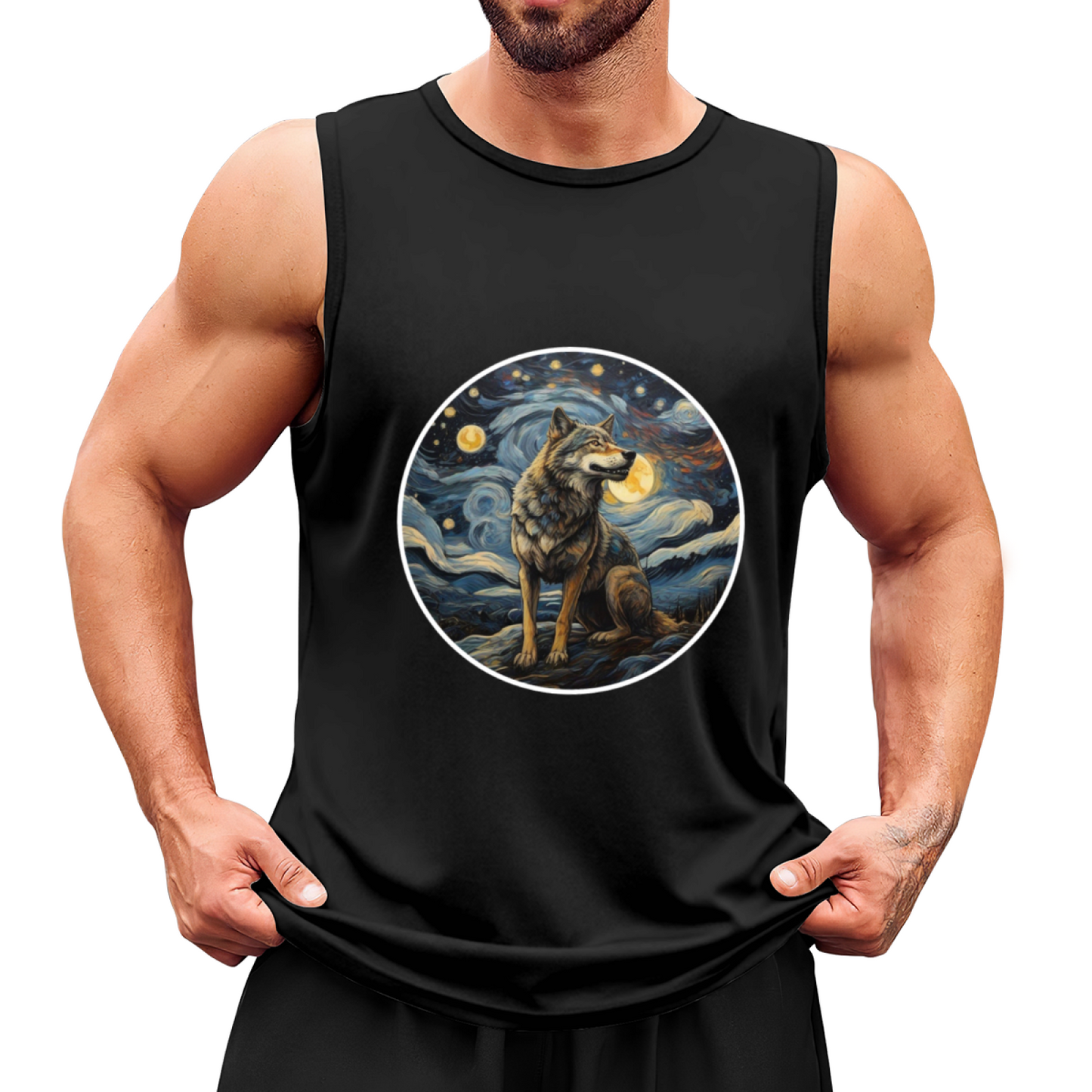 Starry Night Wolf Van Gogh Style Art Men¡¯s Sleeveless Tank