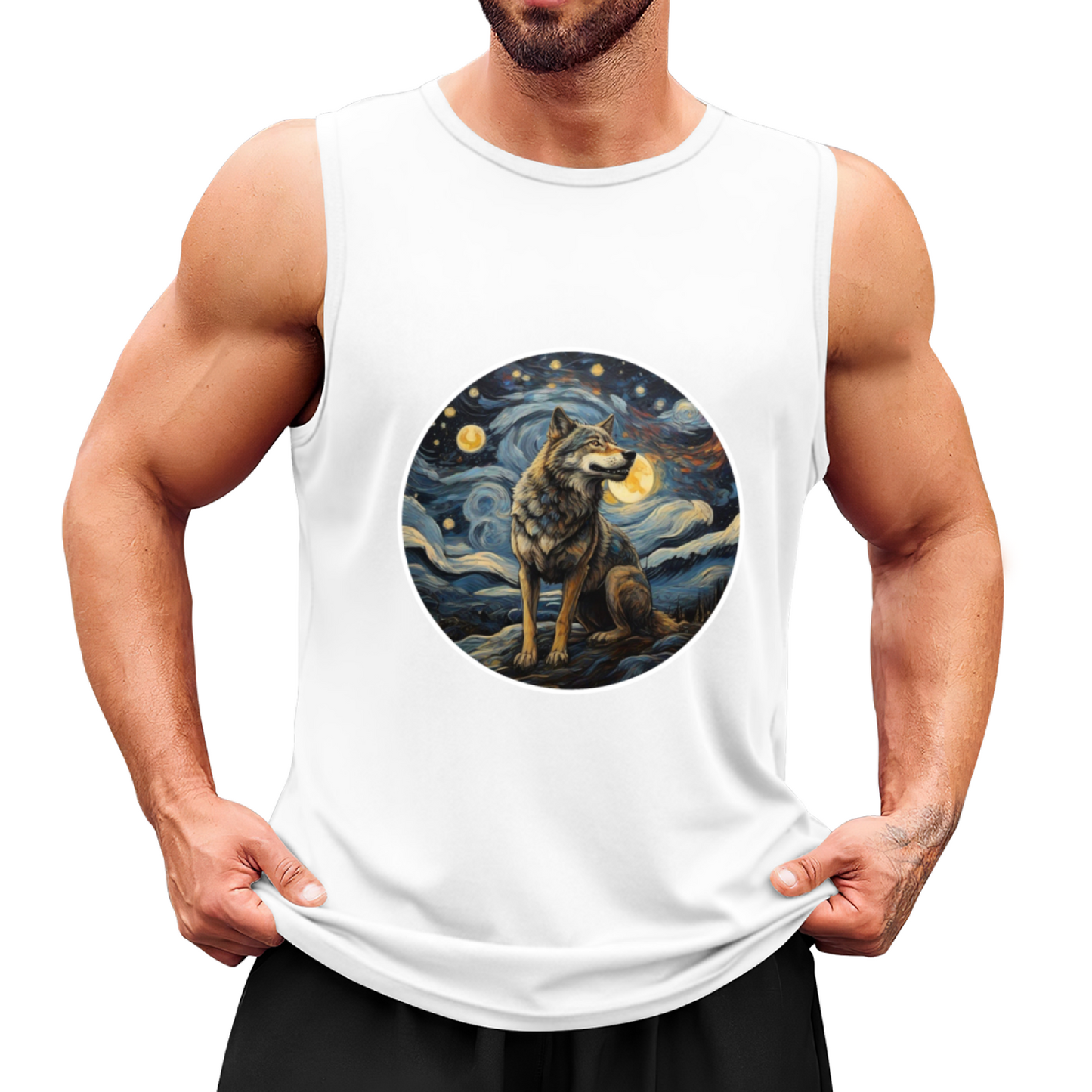 Starry Night Wolf Van Gogh Style Art Men¡¯s Sleeveless Tank