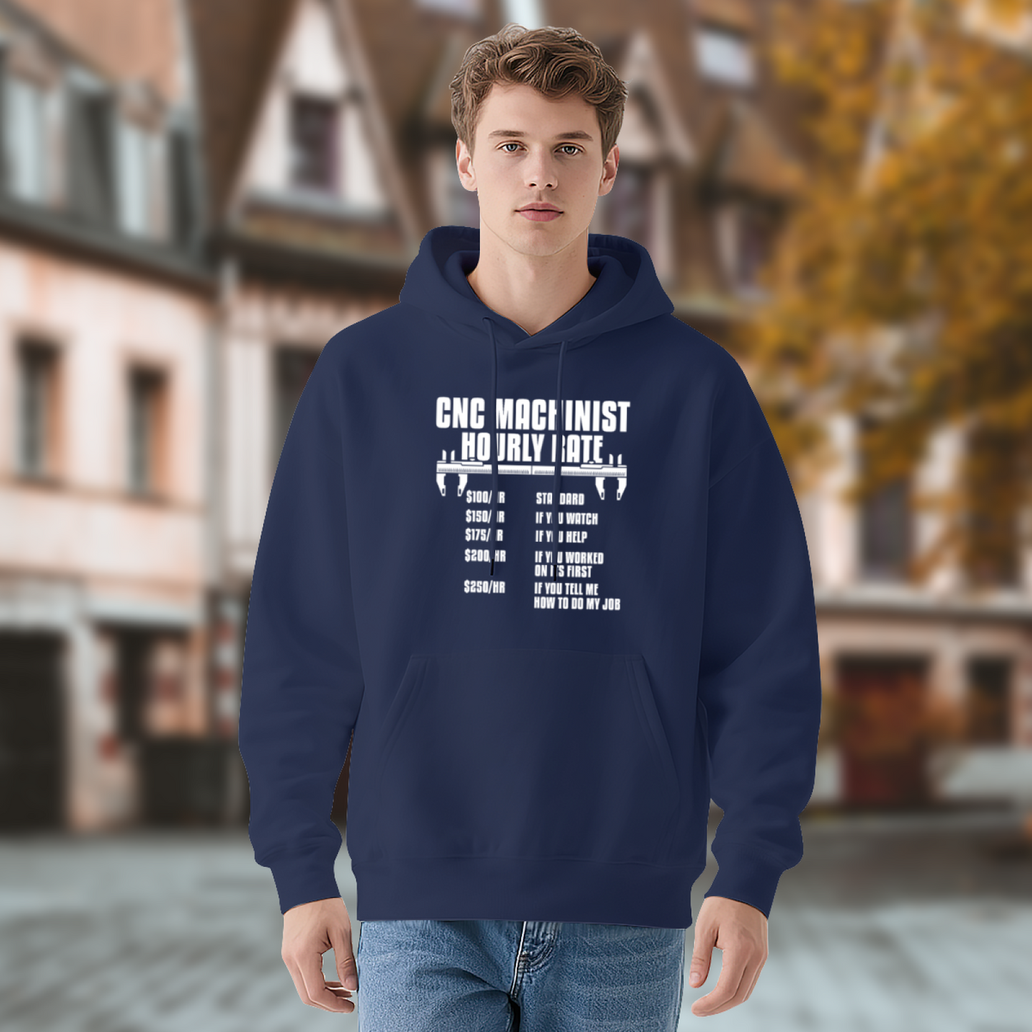CNC Machinist Hourly Rate Navy Hoodie, Men Workshop Comfort Sweatshirt